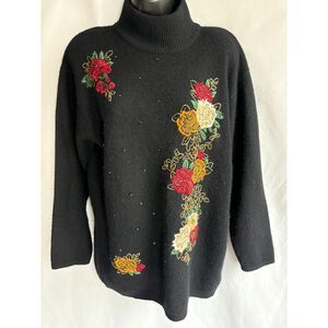Vintage SK & Company Lambswool Angora Rabbit Black Floral Sweater Embroidered L
